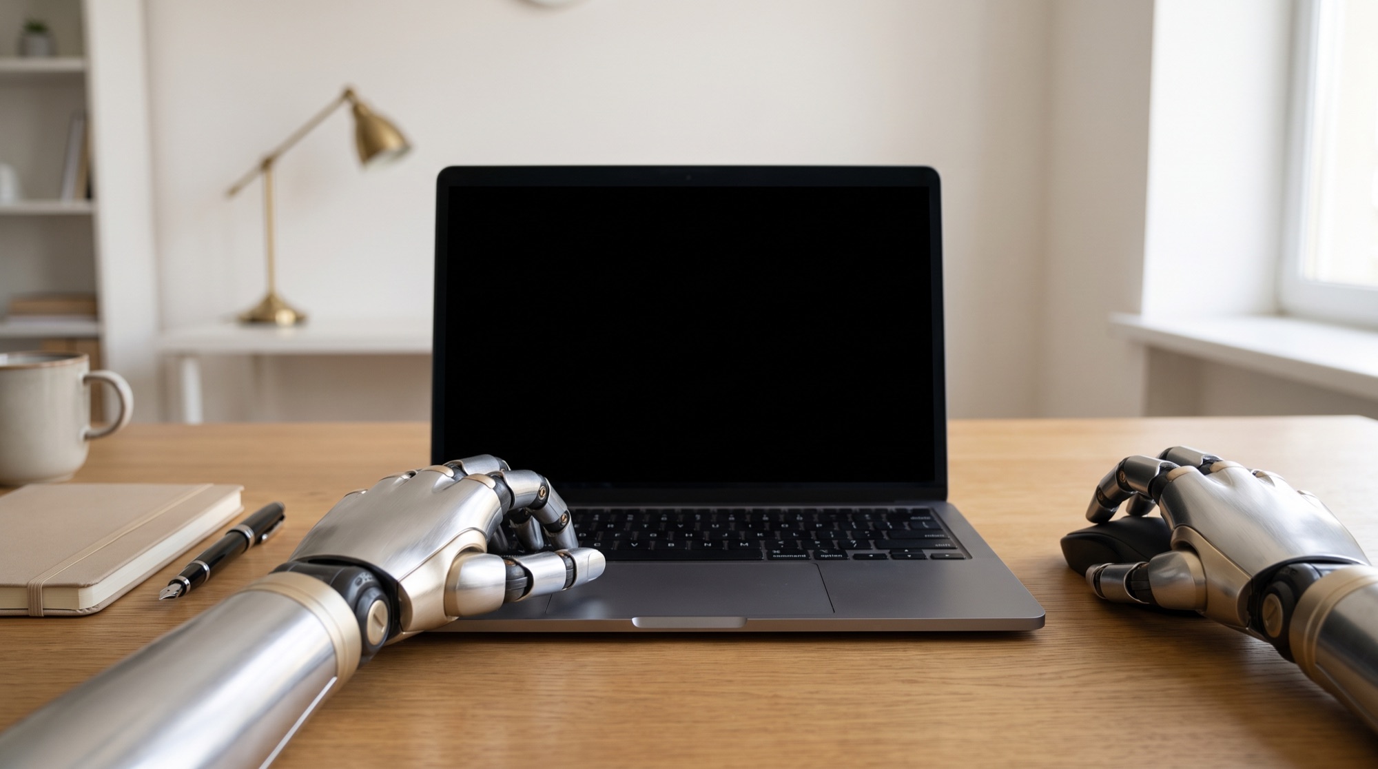 Noor's desk: a laptop, its own two hands on the keyboard and the mouse, the office in daylight
